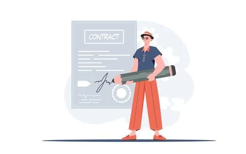 A man stands in full growth to put his signature on a document of cooperati.. Stock Illustration