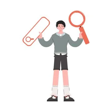 A man stands in full growth with a web search bar. Isolated. Element for pr.. Stock Illustration