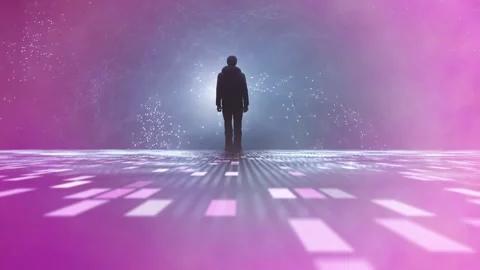 Man stands on future digital metaverse technology road loop animation Stock Footage 337966935