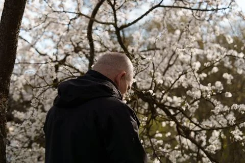 A man stands with his back to the camera 스톡 사진