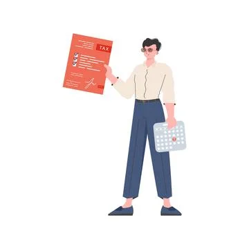 A man stands to his full height and holds a calculator and a tax return. Is.. Stock Illustration