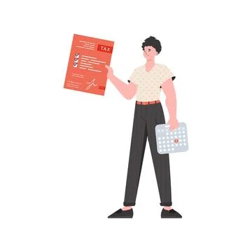 A man stands to his full height with a tax return form in his hands. Isolat.. Stock Illustration