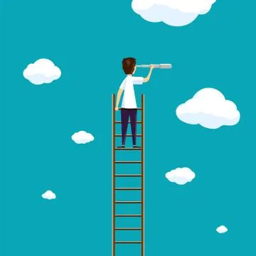 Man stands on a ladder in the sky with clouds. Stock-Illustration