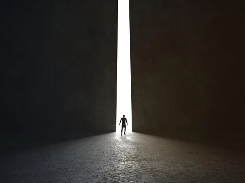 Man stands in the light of opening. 3d rendering Stock Illustration