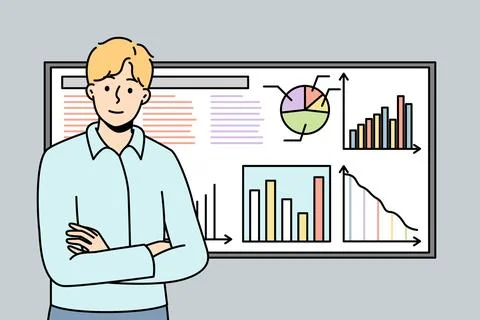 Man stands next to board for presentations with infographics. Stock Illustration