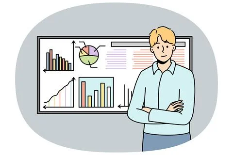 Man stands next to board for presentations with infographics. Stock Illustration