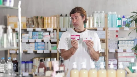Man stands in a pharmacy in the summer and holds packages of paracetamol from Stock Footage 315548766