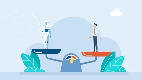 Man stands on a scale and is heavier than a robot. Human and AI balance scales Stock Footage 259827532
