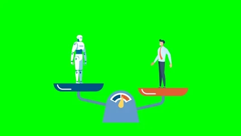 A man stands on a scale and is heavier than a robot. Human and AI balance scales Stock Footage 275604859