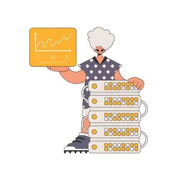 The man stands by the server, displaying the logo of the Internet of Things. Illustrazione stock