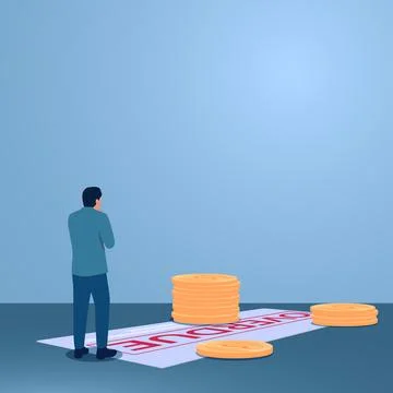 A man stands thinking while looking at a bill on the floor, illustration of.. Stock Illustration