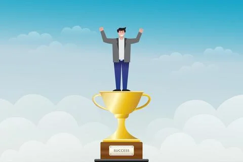 A man stands on a trophy with his hands raised Ilustración de archivo