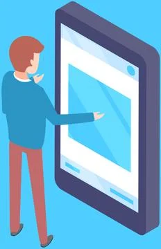 Man stands uses smartphone, browsing or chatting, texting or watching videos Illustrazione stock