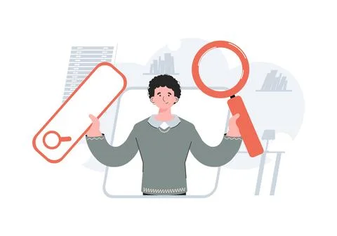 A man stands waist-deep with a web search bar. Search. Element for presenta.. Ilustración de archivo