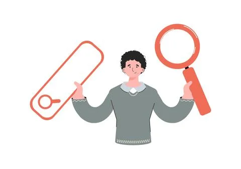 A man stands waist-deep with a web search bar. Isolated. Element for presen.. Ilustración de archivo