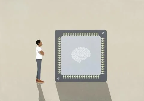Man staring at large AI brain microchip Illustrazione stock