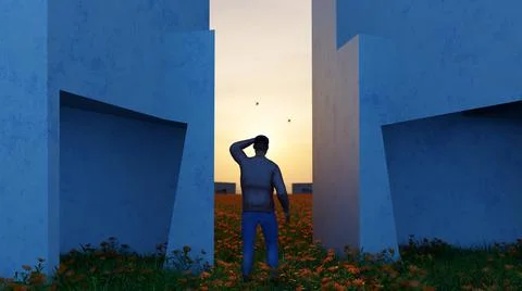 Man staring at sun between two ancient concrete structures 3D illustration Stock-Illustration