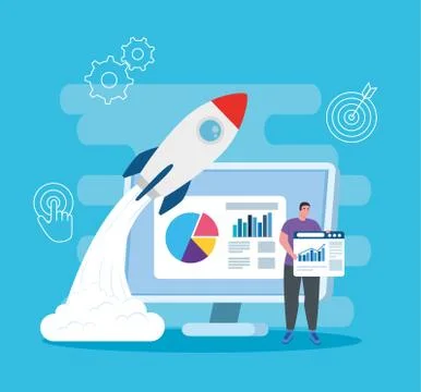 Man with start up rocket and computer vector design Illustrazione stock