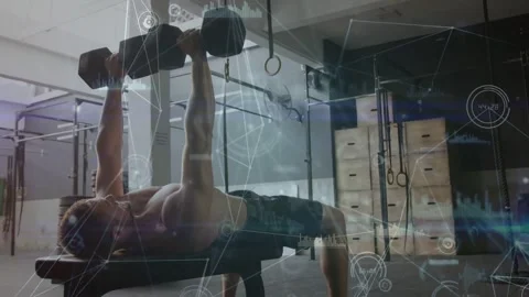 Man starting bench press by bracing core pressing weights upward HUD tracking Stock Footage 331789702