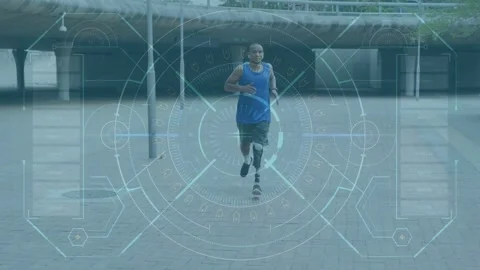 Man starting dash under overhang, running toward camera while HUD tracking Stock Footage 333193132
