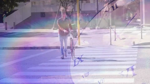 Man starting far side pushing bike crossing zebra crosswalk clock overlay Stock Footage 328307053