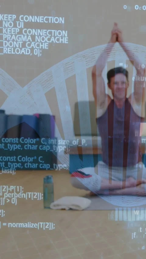 Man starting hands joining, raising arms in yoga prayer while code fan overlay Stock Footage 333079883