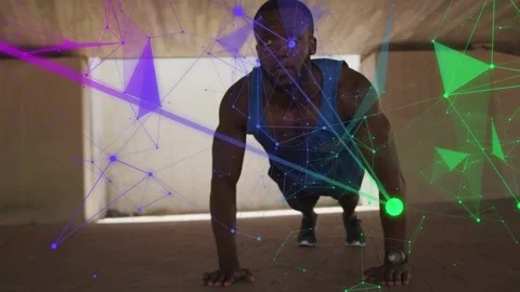 Man starting low plank, performing push-ups in underpass, polygons drifting, Stock Footage 332956307