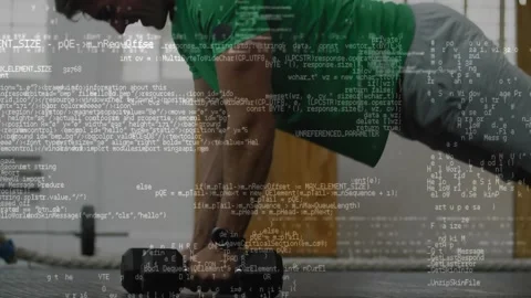 Man starting plank doing pushups then one-arm rows for fitness, code overlay Stock Footage 330741663