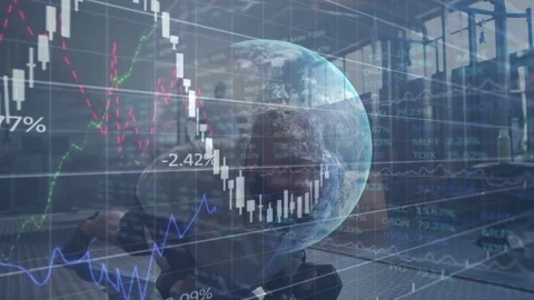 Man starting plank doing renegade rows on weights, finance charts syncing with Stock Footage 333789931
