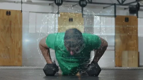 Man starting plank, pushups alternating hex dumbbell rows, translucent net Stock Footage 330718301