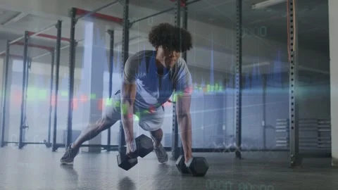 Man starting row from plank, switching dumbbell sides in gym fitness wave Stock Footage 333510442