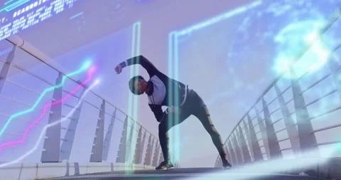 Man starting side stretch on bridge, shifting preparing fitness run while AR Stock Footage 331062324