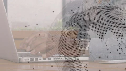 Man starting typing after hands resting, working business task while dotted Stock Footage 330236864