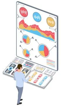 Man with statistical data. Infographic presented in the form of digital graphs Stock Illustration