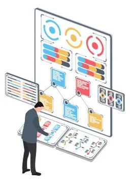 Man with statistical data. Infographic presented in the form of digital graphs Stock Illustration