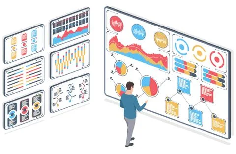 Man with statistical data. Infographic presented in the form of digital graphs Stock Illustration