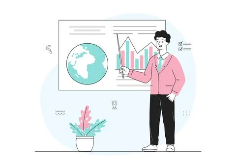 Man with statistics. Guy with pointer stands near slide with infographics Stock Illustration