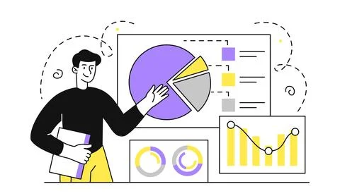 Man with statistics. Young guy near graphs and diagrams. Analyst conducts Stock Illustration