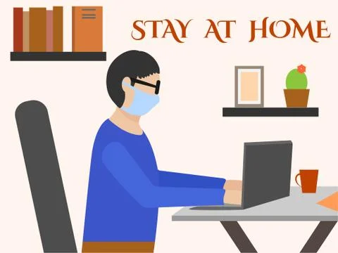 A man stays at home working at a computer during a pandemic. Illustrazione stock