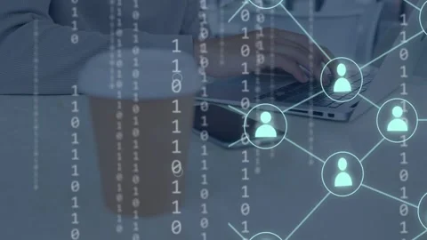 Man steadying cup, typing on laptop activating binary streams and network nodes Stock Footage 334743874