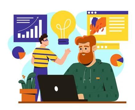Man steals idea. Young guy in mask steals light bulb. Plagiarism and stealing Stock-Illustration