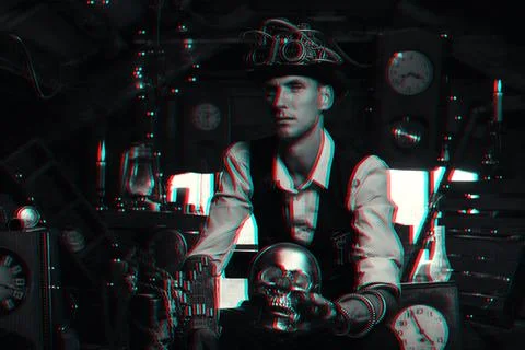 Man in steampunk style with hat and glasses with mechanisms in costume of Stock Photos