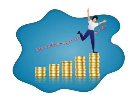 Man step up on increasing columns of gold coins. Financial chart up. vector i Stock Illustration