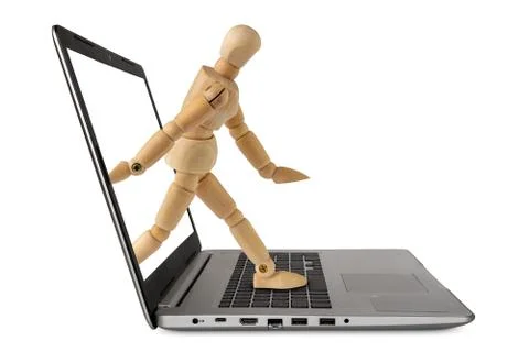 Man Steping Out Of Computer Notebook Screen 스톡 사진