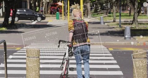 Man stepping between posts pushing bike across zebra crossing toward park HUD Stock Footage 331062980