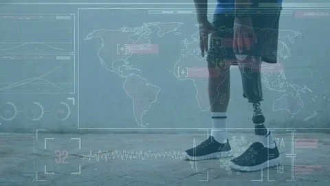 Man stepping in frame, doing drills then adjusting prosthetic while HUD mapping Stock Footage 333233696