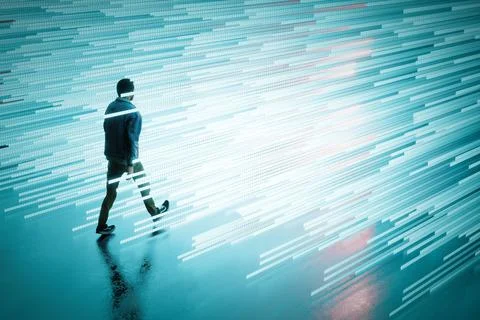 Man stepping into a luminous digital matrix Stock Illustration