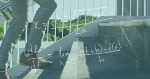 Man stepping onto stairs starting math animation, chalk equations appearing over Stock Footage 329899745