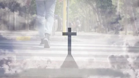 Man stepping onto zebra crossing, crossing street, cross staying fixed, clouds Stock Footage 329832896