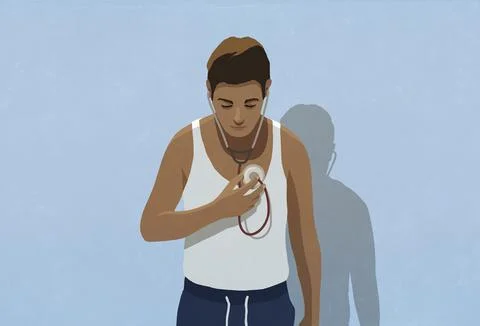 Man with stethoscope checking his own breathing Illustrazione stock